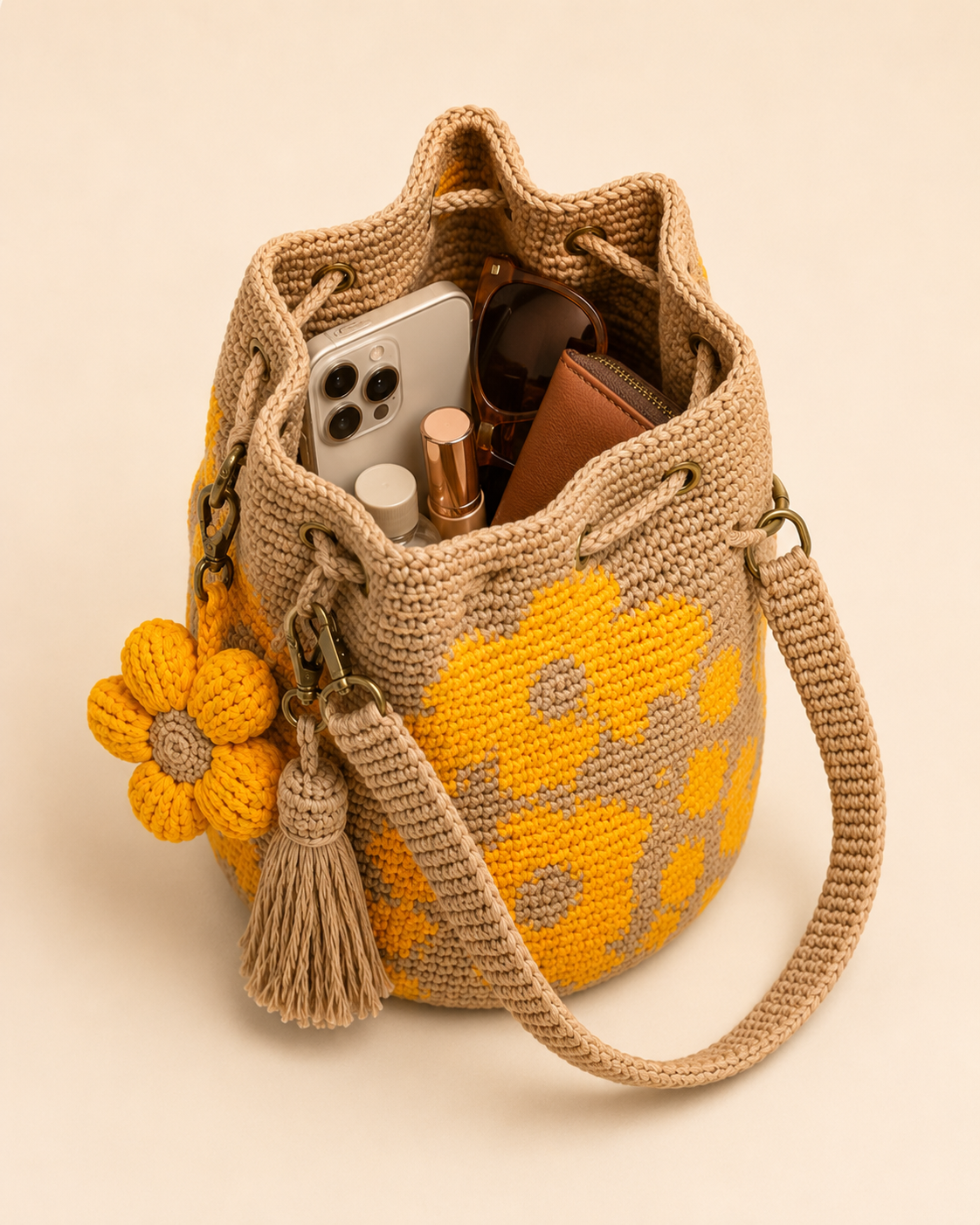 Hand-Crocheted Flower Bucket Bag